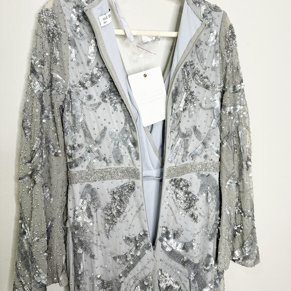 Mac Duggal 5222 Sequined Faux Wrap Split Long Sleeve Gown Platinum 6 $598 NEW - Picture 11 of 16